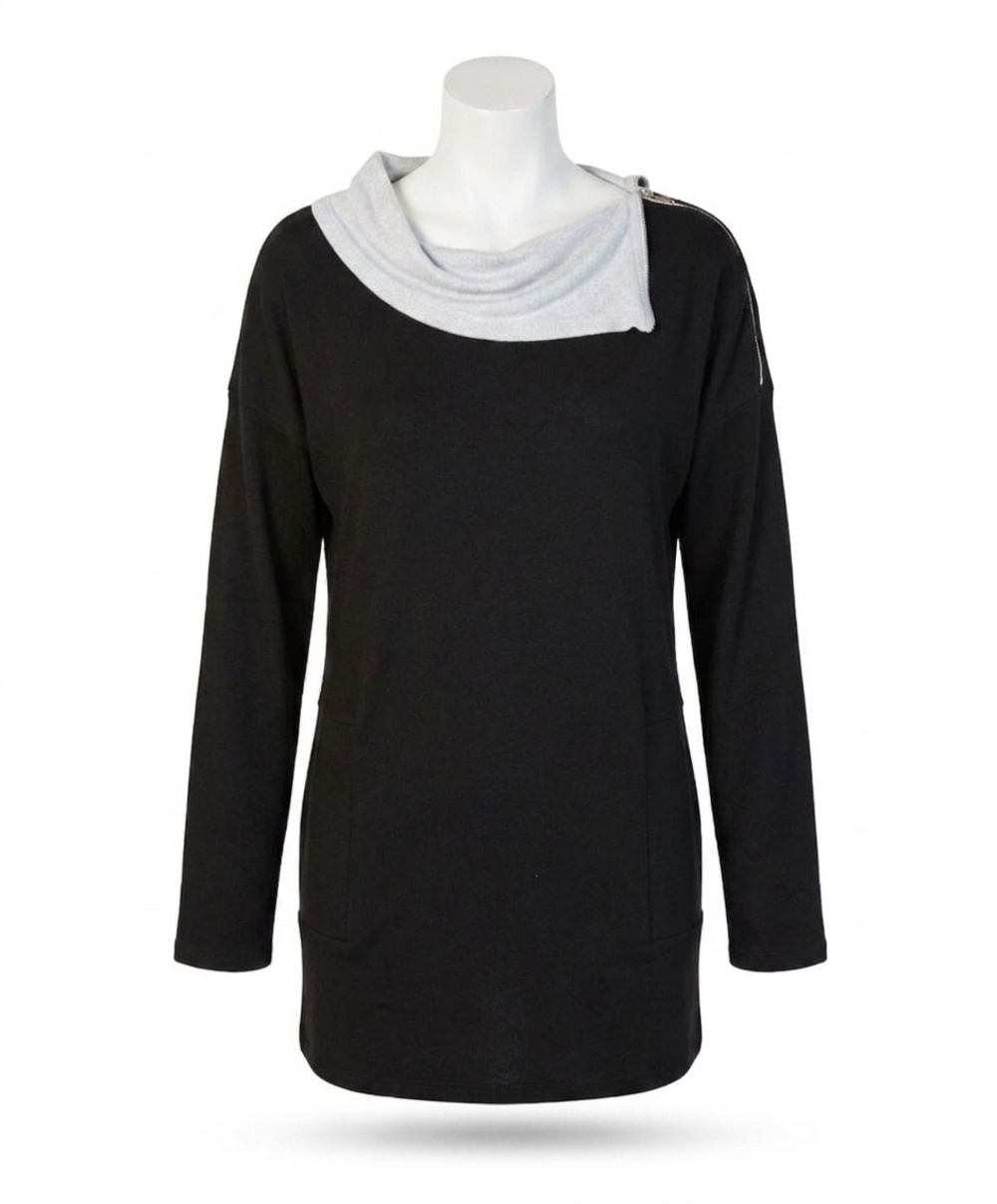 NEW FRENCH KYSS zip neck top in black/slate